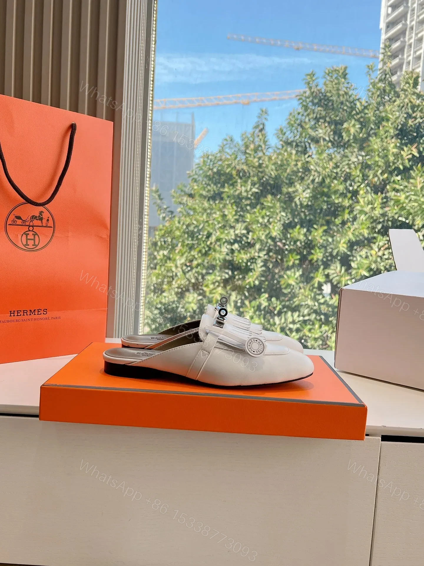 View 2 of Hermes Women White Leather Fringe Mules