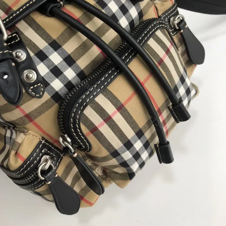 View 3 of Burberry-Inspired Plaid Compact Backpack with Leather Trim