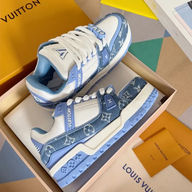 View 8 of Louis V Luxe High-Top Sneakers: Light-Blue Leather with LV Details