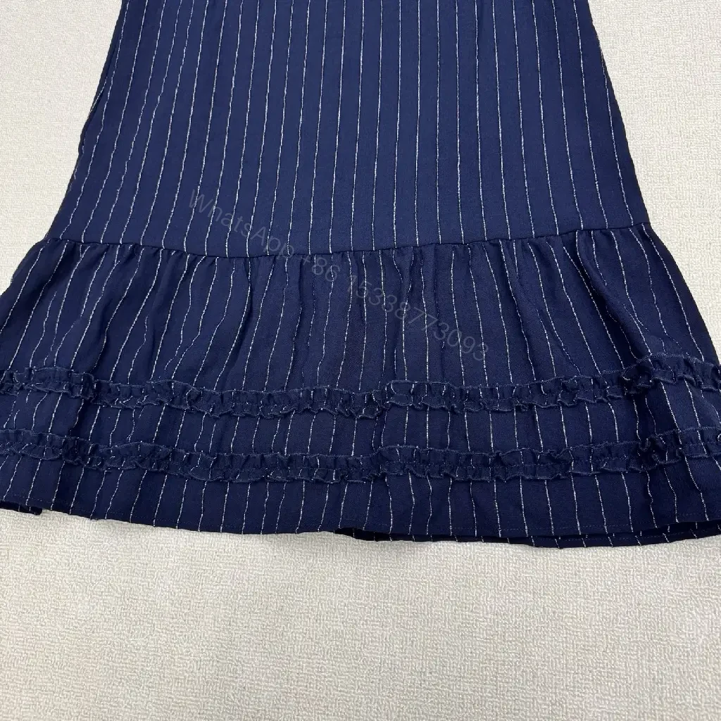 View 5 of Navy Pinstripe Cotton A-Line Dress with Chanel Logo Key Feature