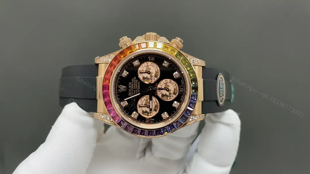 View 2 of Rolex Daytona Rainbow Everose Gold Black Strap Colorful Diamond Bezel 40mm RLX-DAY-RBW-RG-BLK40-RUB