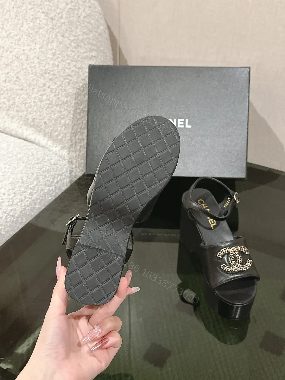 View 8 of Black Leather Block Heel Sandals with Logo Charm, Open Toe, Ankle Strap