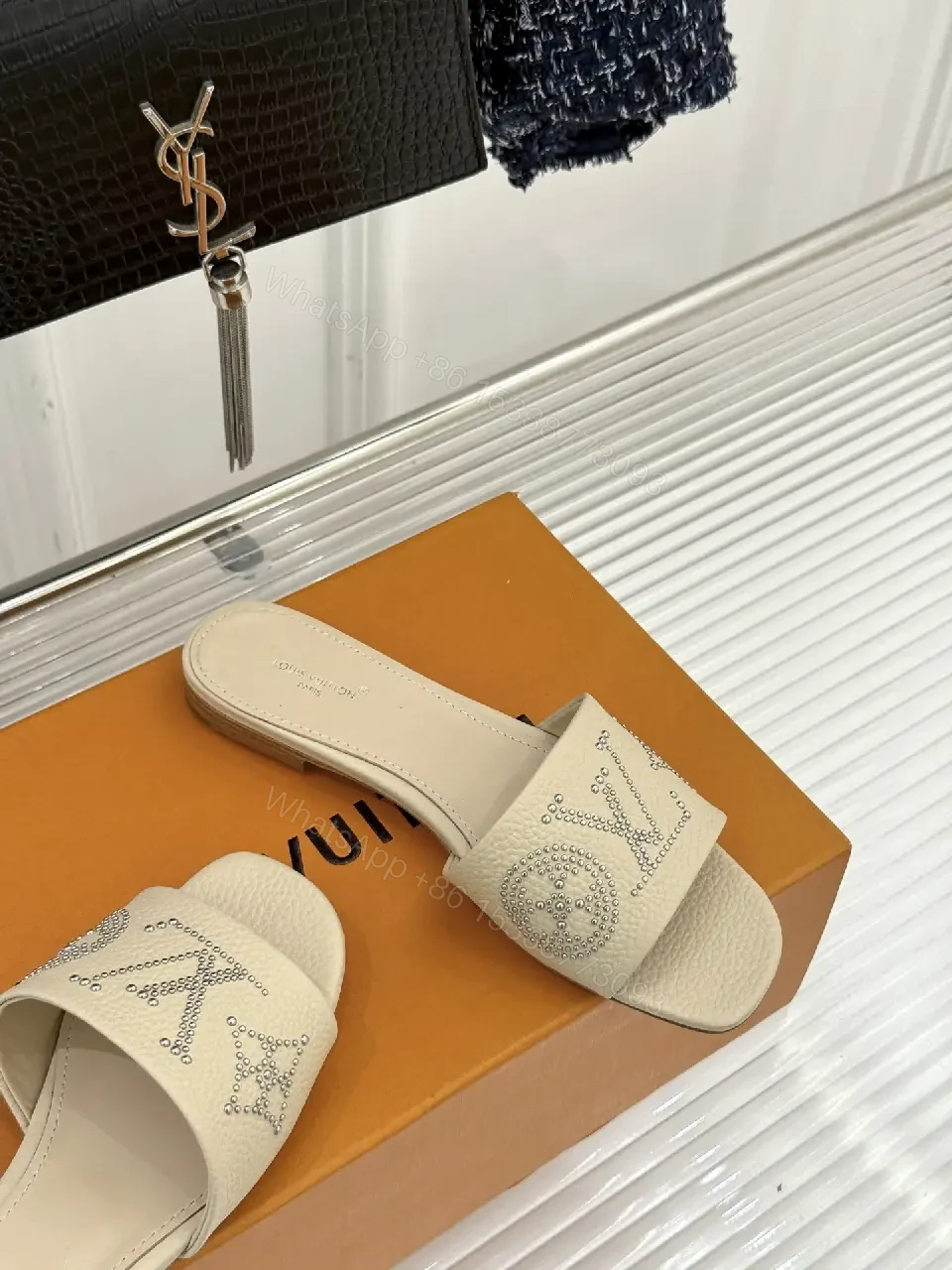 View 8 of Chic Embellished Slides with Crystal LV Detailing