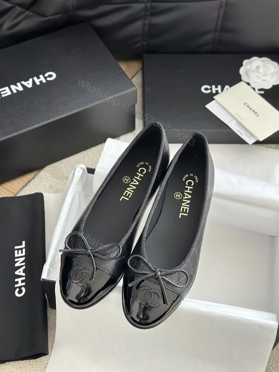 View 3 of Chic Patent Leather Ballet Flats with Bow Accent, Black