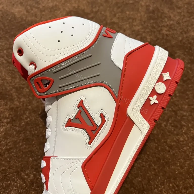 View 4 of Statement LV-Inspired White-Red Leather High-Tops, Designer-Edge Sneakers