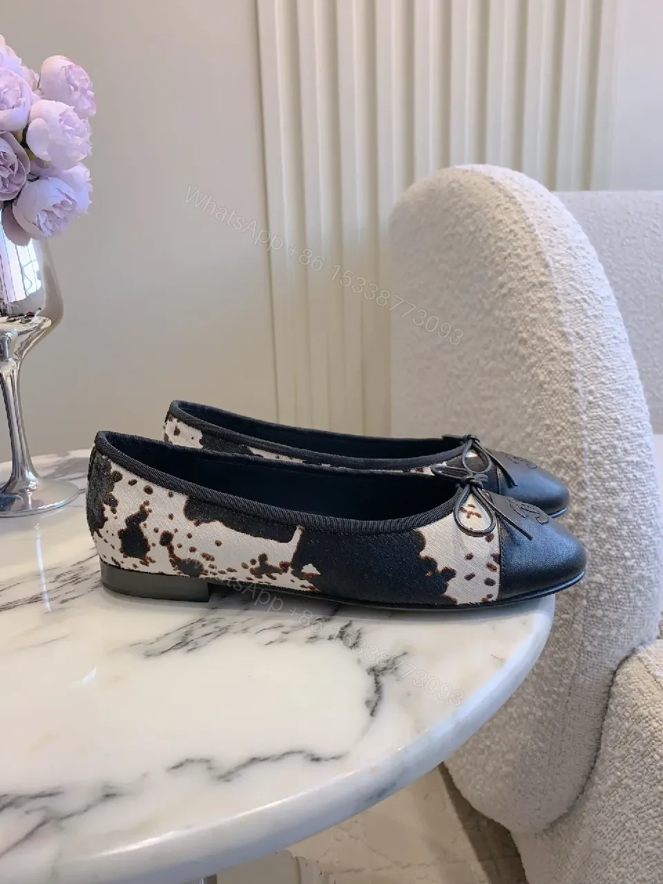 View 2 of Navy Leather Bicolor Ballet Flats with Leopard Panels, Comfort