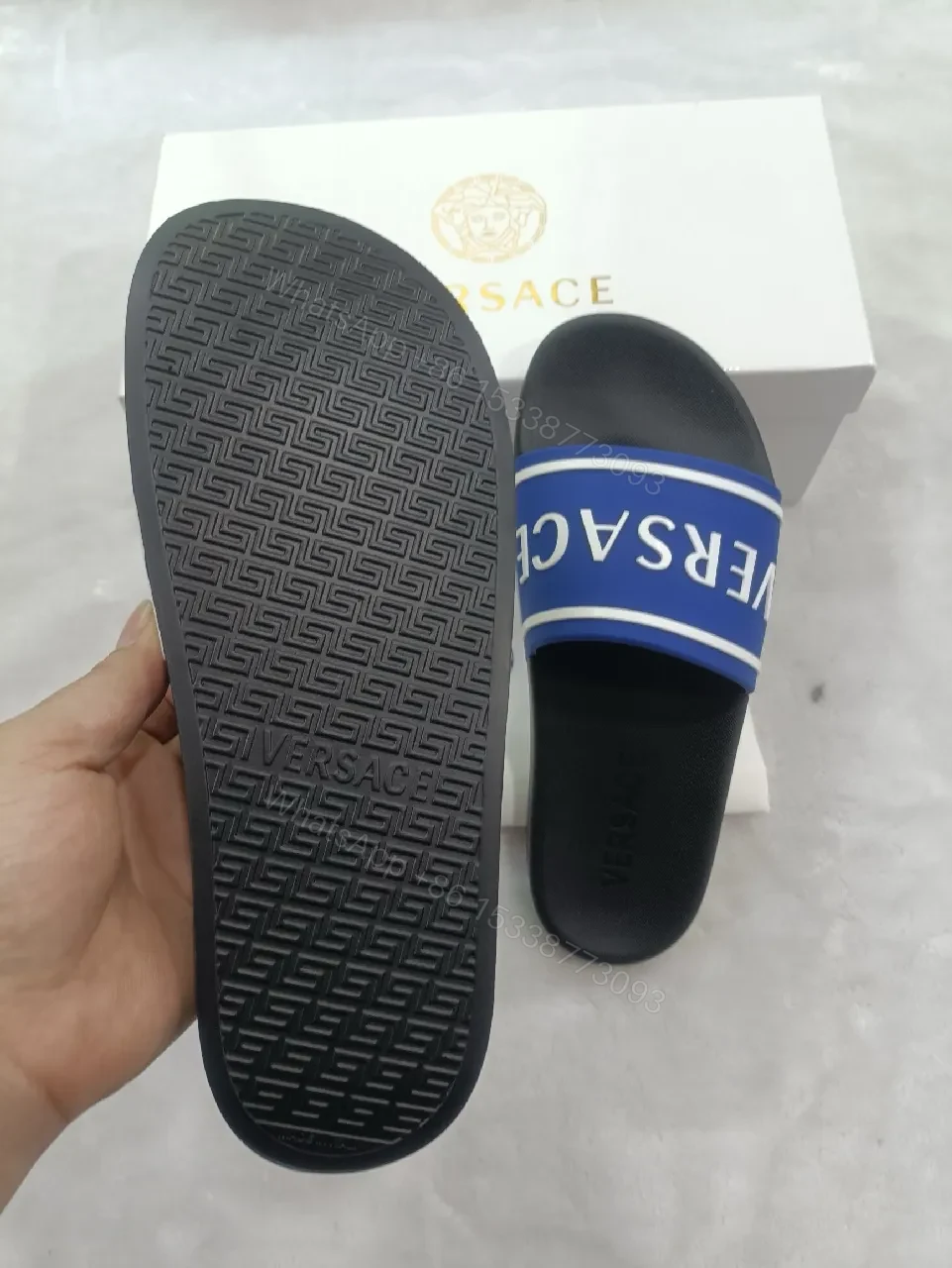 View 6 of Bold Logo Stride Sliders: Blue-White Luxury Comfort Sandals