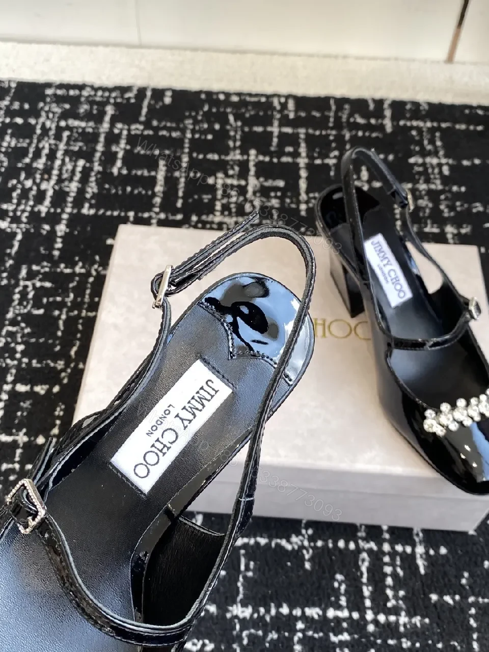 View 5 of Crystal-Embellished Black Patent Slingbacks with Adjustable Strap
