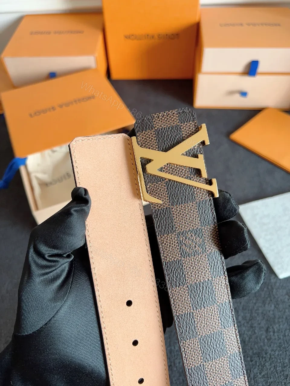 View 7 of Damier Pattern Belt: Gold Buckle, Adjustable, Luxury-Style Accessory