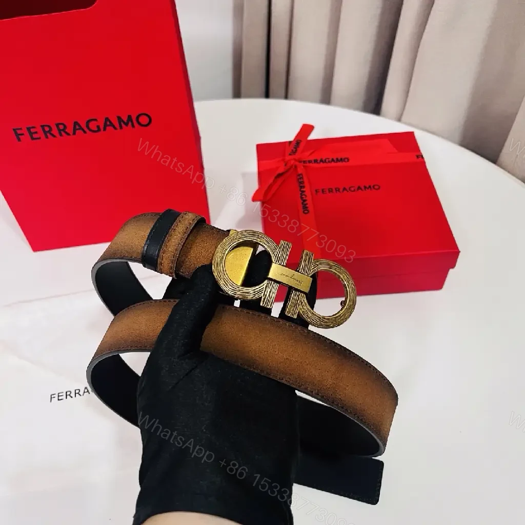 View 5 of Brown Leather Belt Distressed Matte Double-GC Buckle Ferragamo Logo Belt