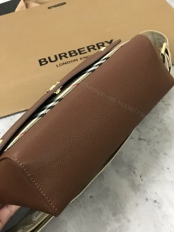 View 2 of Brown Leather Crossbody | Heritage Plaid, Gold Hardware, Structured Design