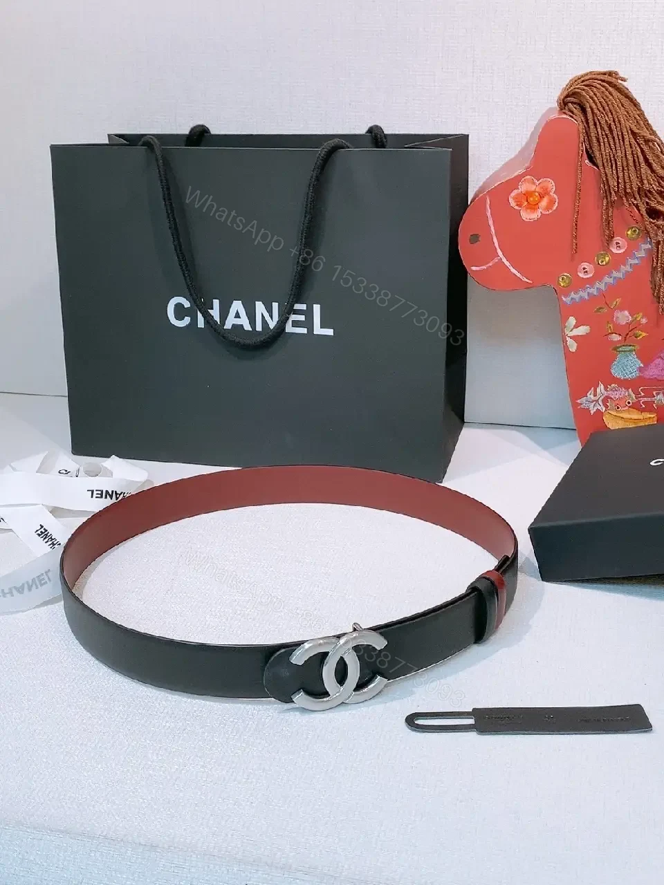 View 3 of Refined Black & Red Leather Belt with Double-CC Clasp