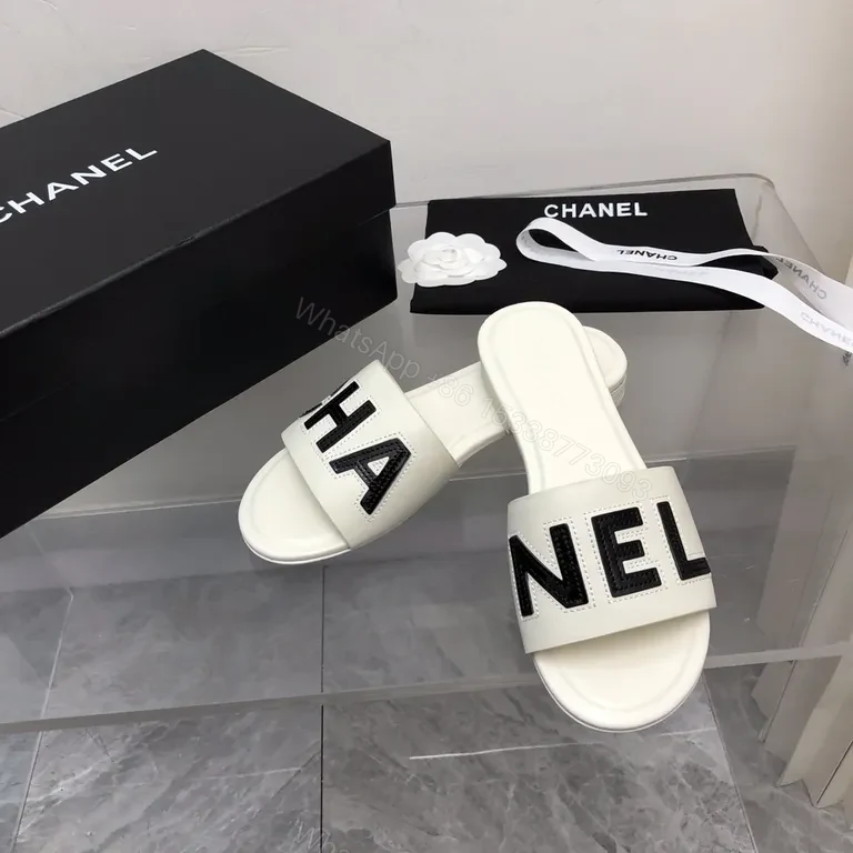 View 6 of Chanel-Inspired White Leather Slides with Bold Logo Strap