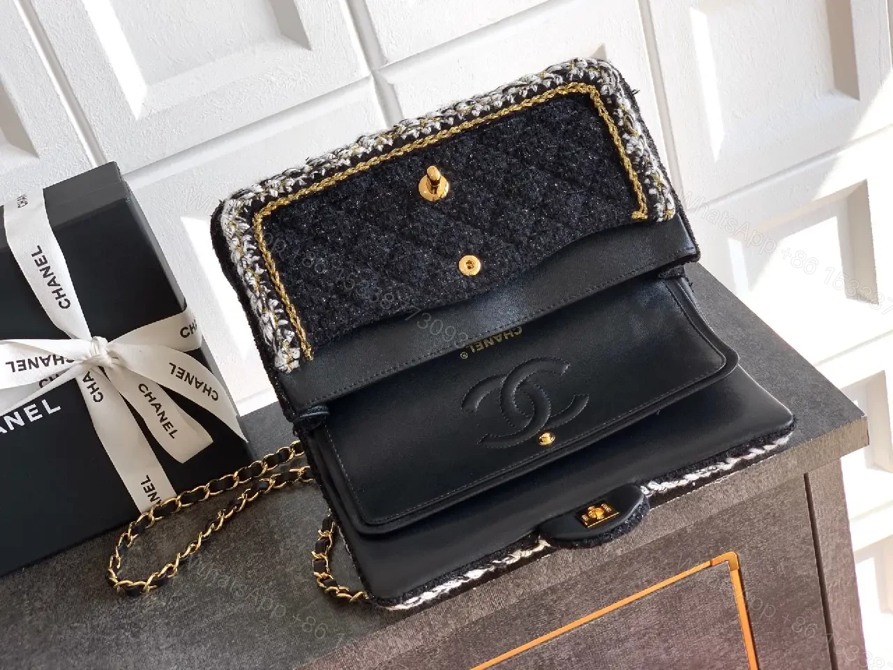 View 2 of Black Bouclé Mini Flap Bag with Chain Accents, Day-to-Evening
