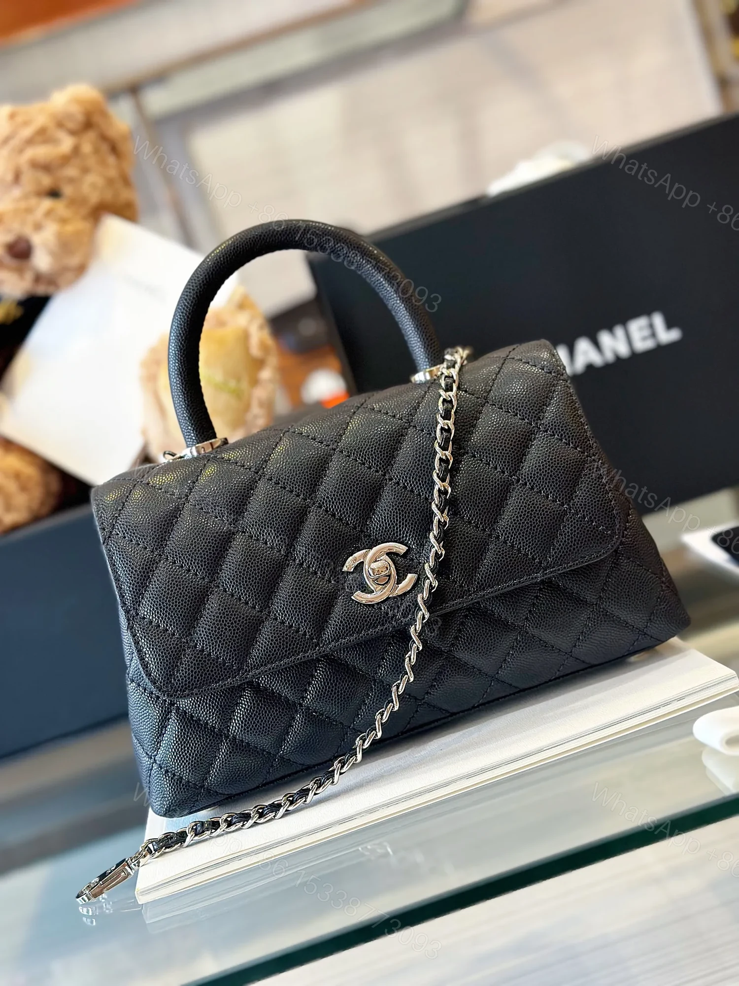 View 7 of Chanel Coco Handbag Leather Black With Silver Lock 23cm
