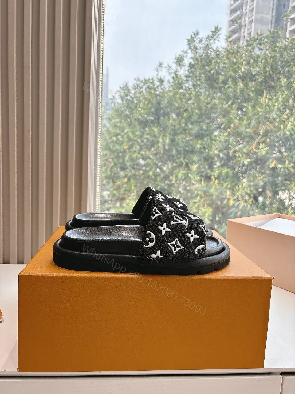 View 7 of Black Monogram Slide with LV Motif — Luxury Comfort Sandal