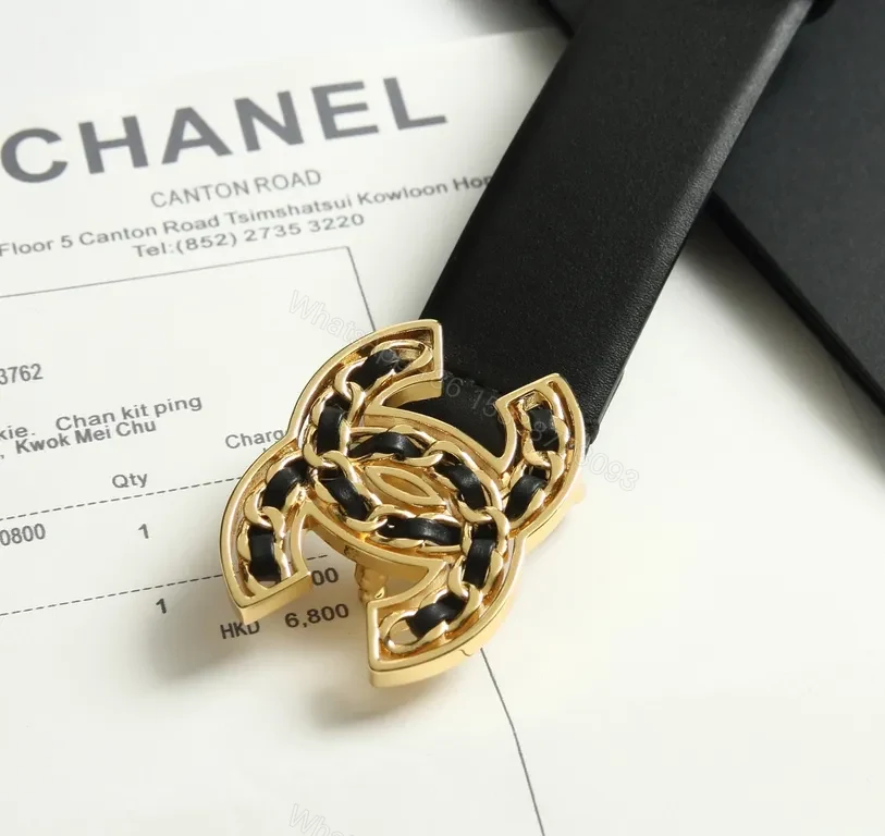 View 3 of Chic Interlock Leather Belt with Gold Buckle - Designer-Style