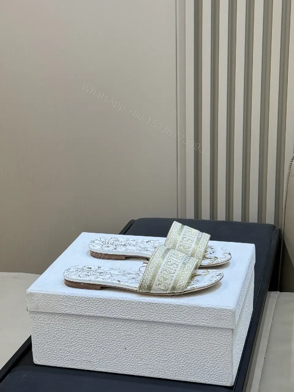 View 5 of White Leather Christian Dior-Style Sandals Slide Shoes