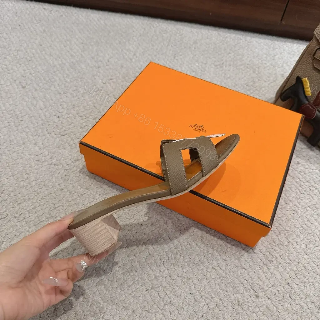 View 6 of Brown Leather Hermes-Style Heeled Sandals, Grained, Open-Toe, Signature Buckle, Sandal Type