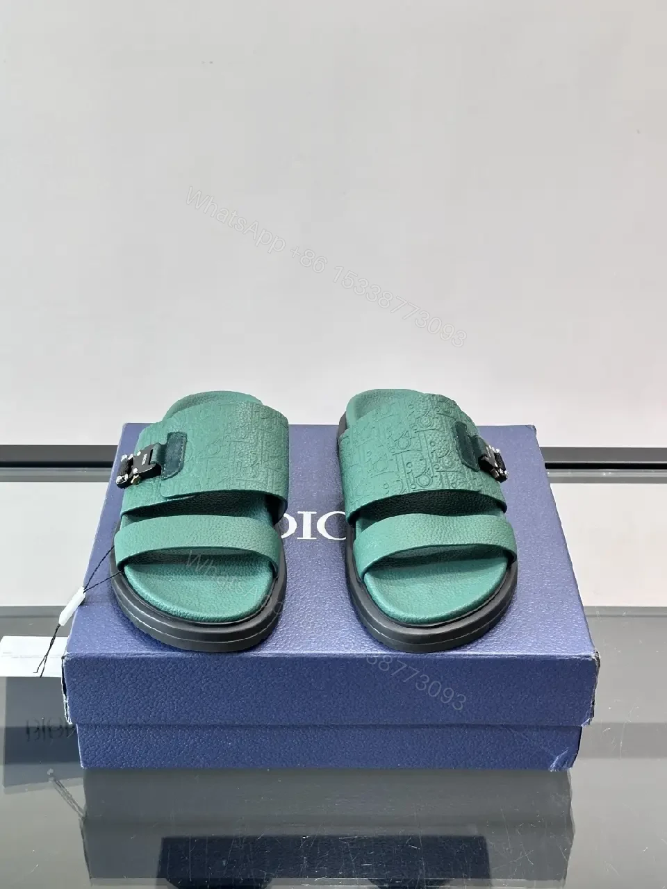 View 4 of Green Leather Slide Sandals Minimalist Style with Buckle Feature Sandals
