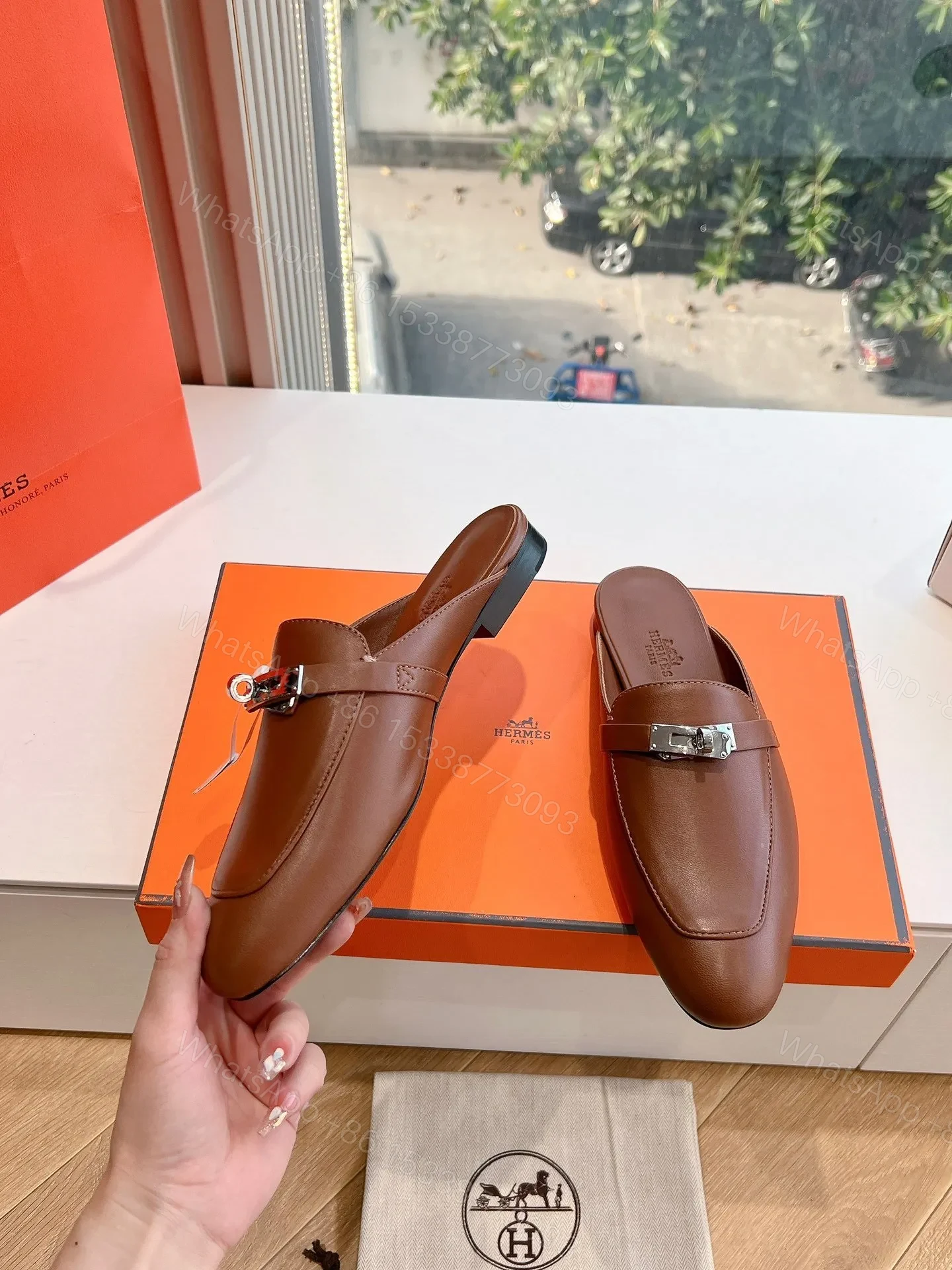 View 6 of Hermes Women Brown Leather Slip On Mules