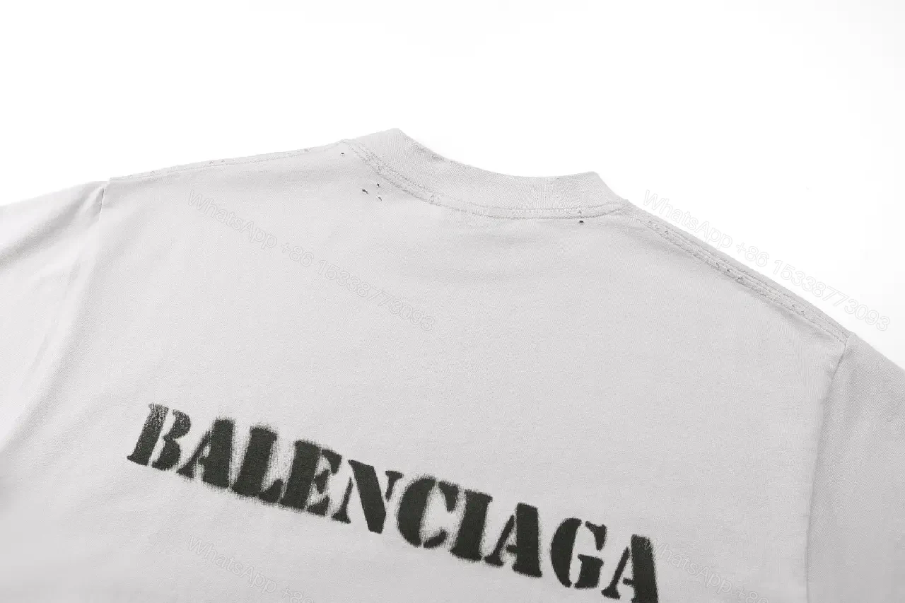 View 3 of White Distressed BALENCIAGA Logo Tee Loose-fit Crewneck Short Sleeve T-shirt
