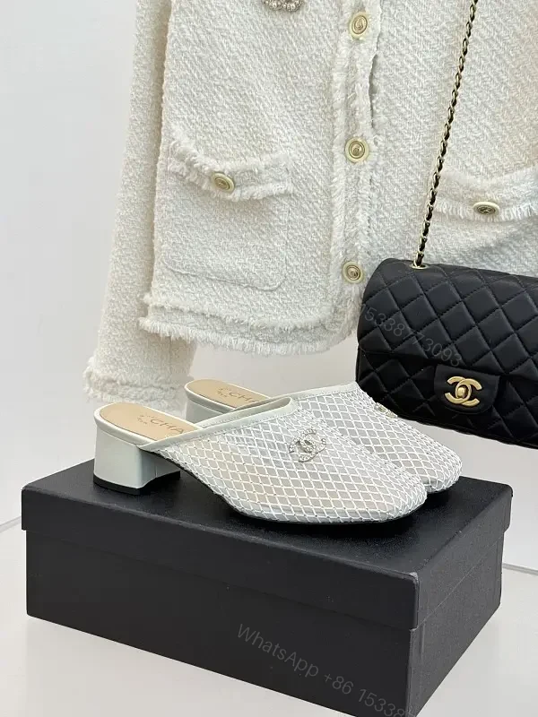 White Mesh Mules Silver Heel Classic Chanel Style Slippers — view 1
