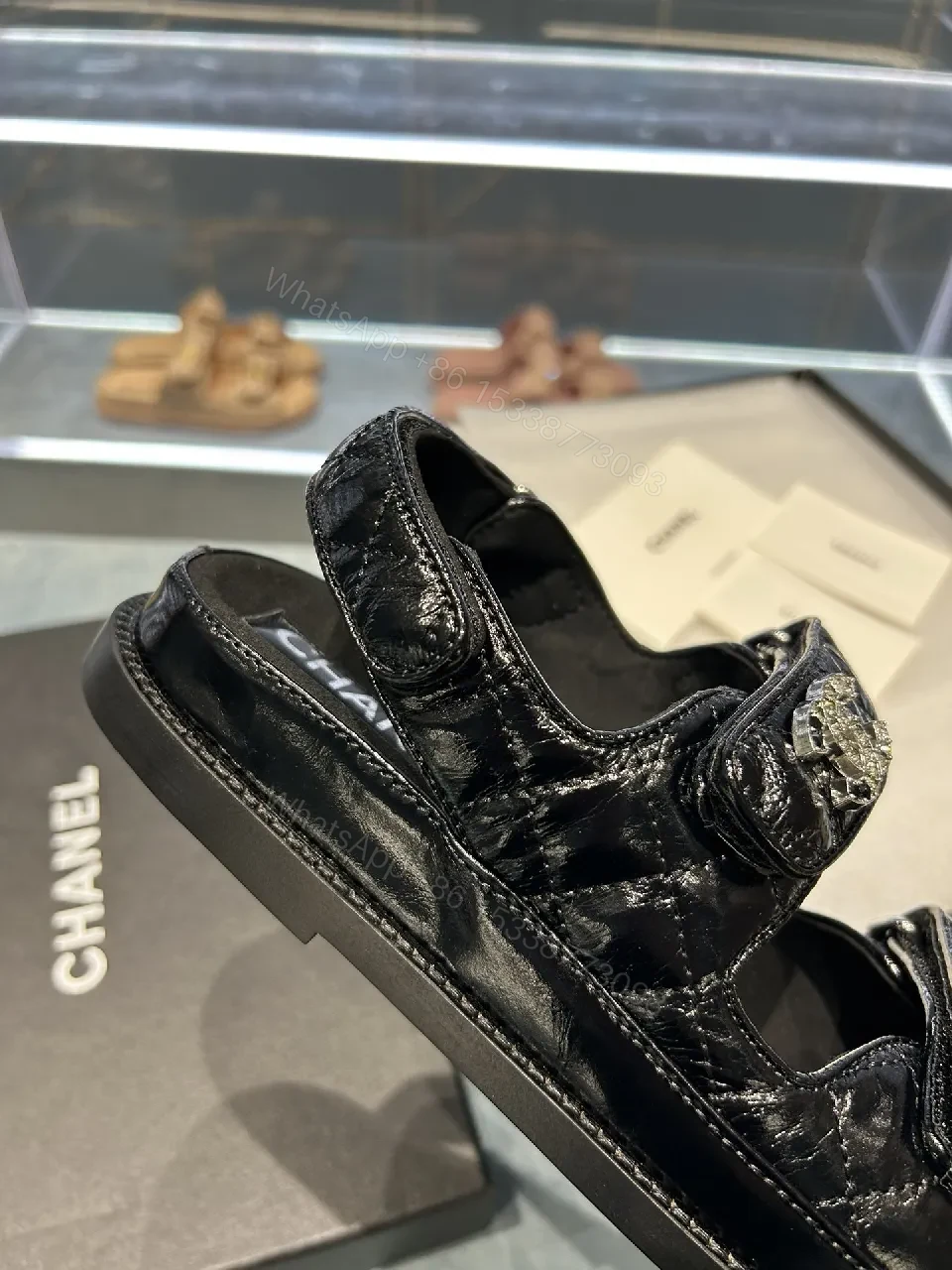 View 5 of Black Patent Sandals with Logo Straps – Luxe Everyday Comfort