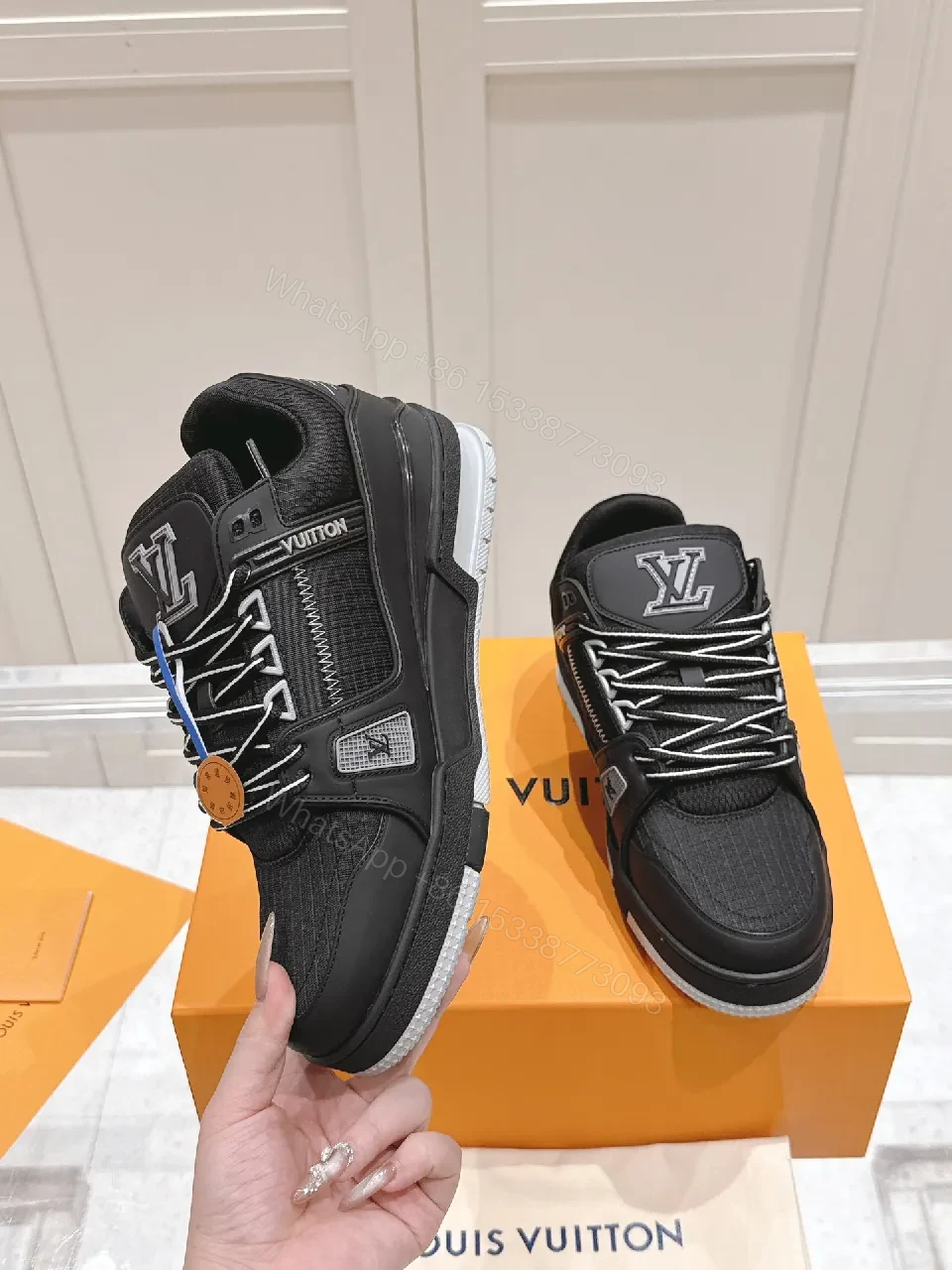 View 3 of Black Leather & Mesh Luxe High-Tops with Signature Detailing