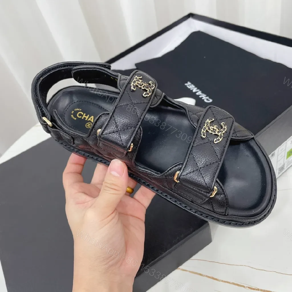 View 9 of Black Leather Sandals with Quilted Detail, Velcro Straps, Cushioned Comfort
