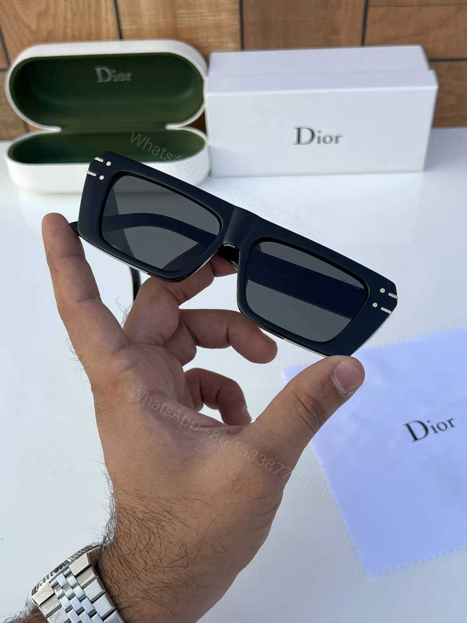 View 3 of First Copy Dior Black Rectangular Sunglasses Premium Unisex UV Protection