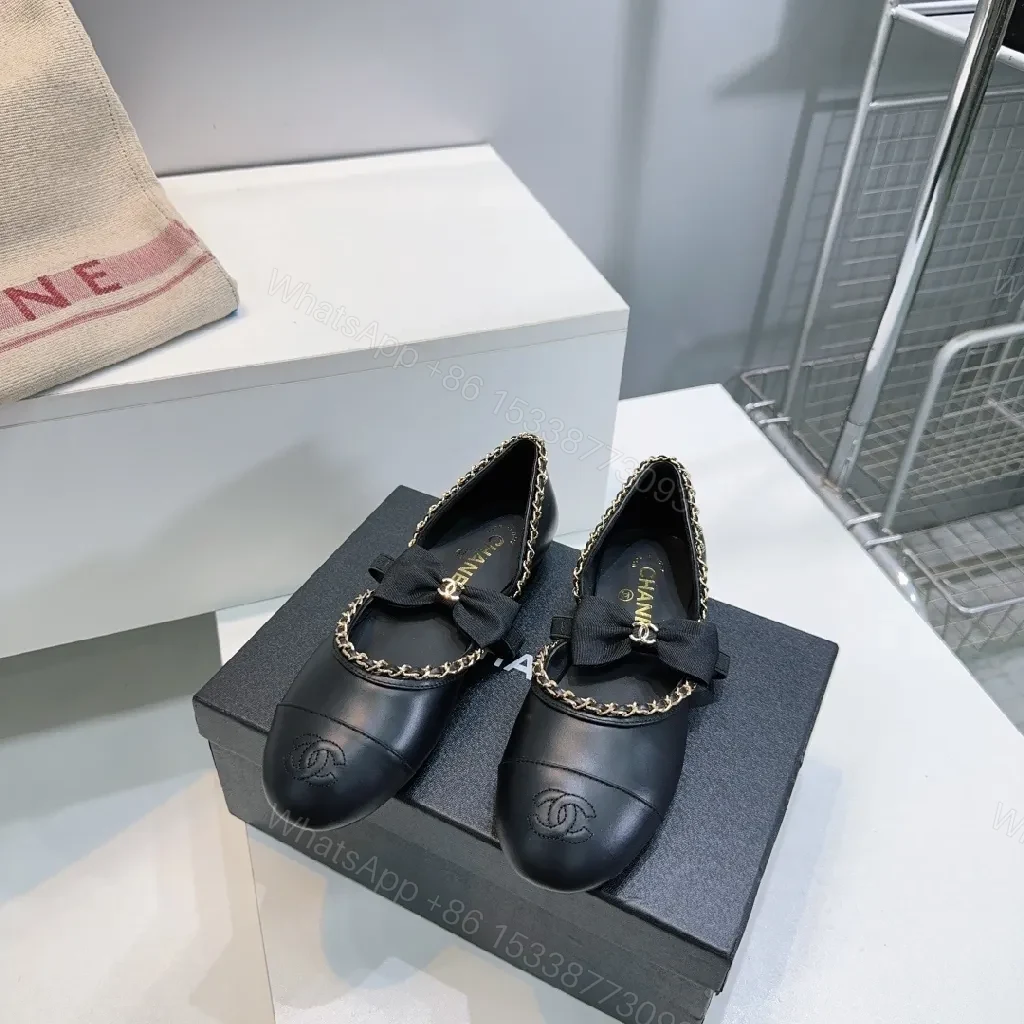 View 7 of Chic Leather Ballet Flats with Chain Trim and Bow