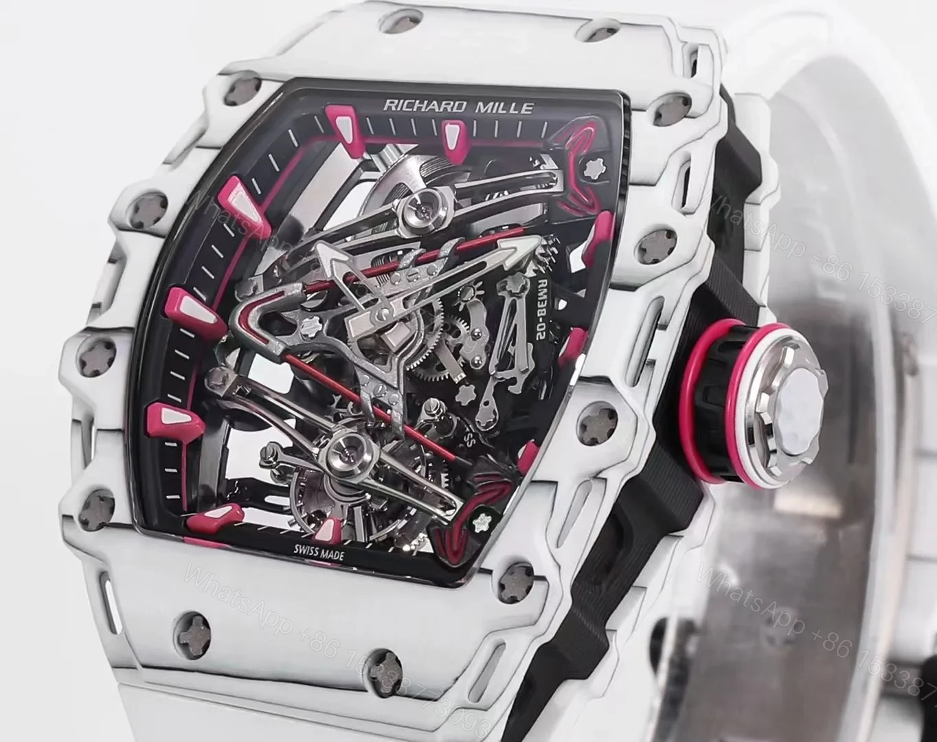 View 2 of Richard Mille RM38-02 Tourbillon Bubba Watson Watch Pink Quartz Carbon Fiber Skeleton Dial Manual Winding Movement Premium Edition RM38-02-BW-PINK-TB