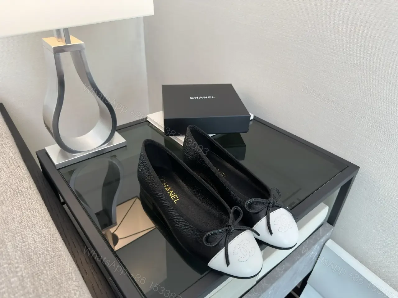 View 2 of Black Leather Ballet Flats White Toe Cap Classic Iconic Logo Chanel Ballet Shoes