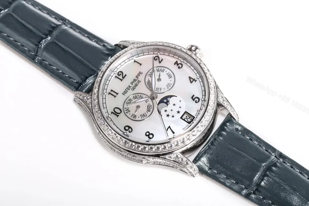 View 9 of Patek Philippe Complications Annual Calendar Moon Phase Women’s Watch 4947R/4947G 4948R/4948G Rose Gold/White Gold Diamond Set Case Black Leather Strap
