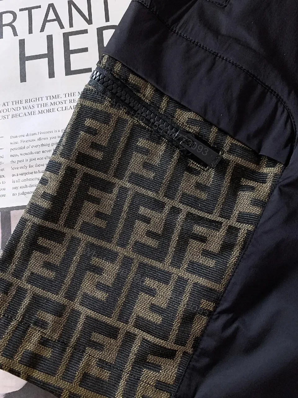 View 3 of Black Nylon Swim Shorts Fendi-Pattern Patch Drawstring Waist Quick-Dry Shorts