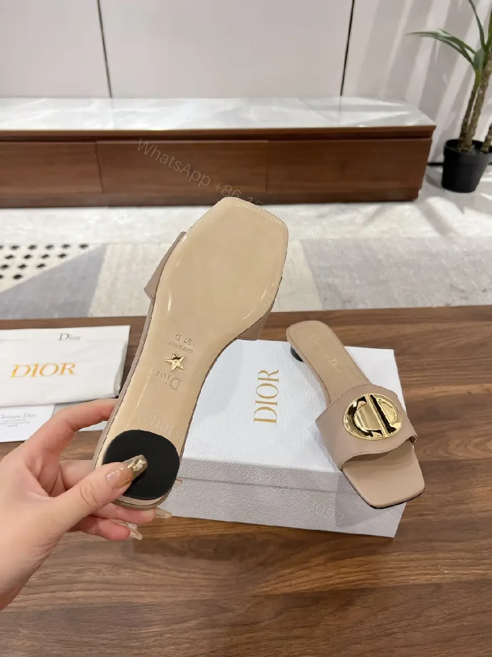 View 6 of Beige Leather Slide Sandals with Gold Logo Buckle, Dior Style
