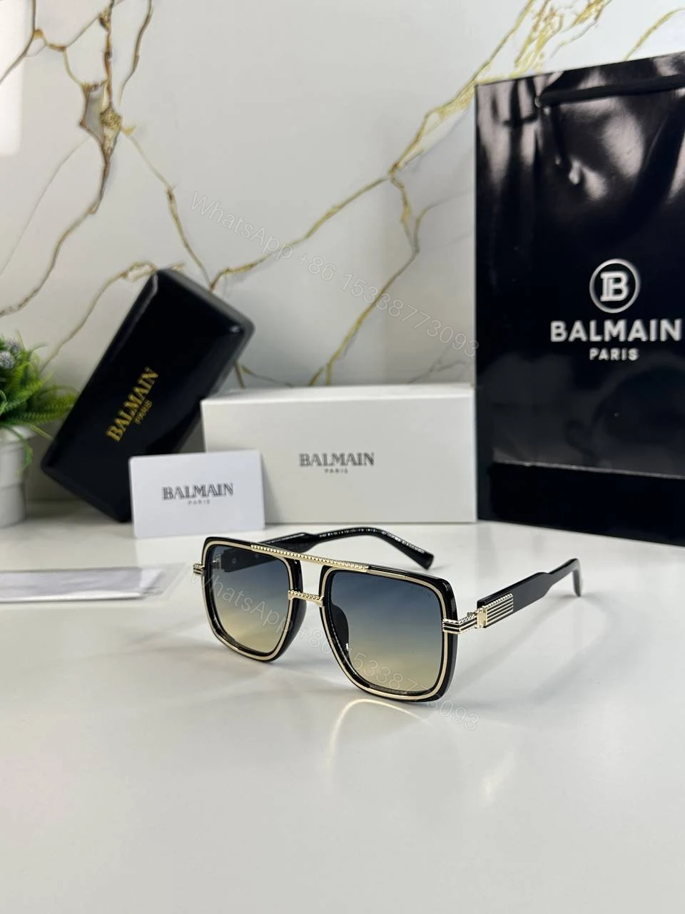 First Copy Balmain Square Black Frame Sunglasses Grey Gradient Unisex UV Protection — view 1