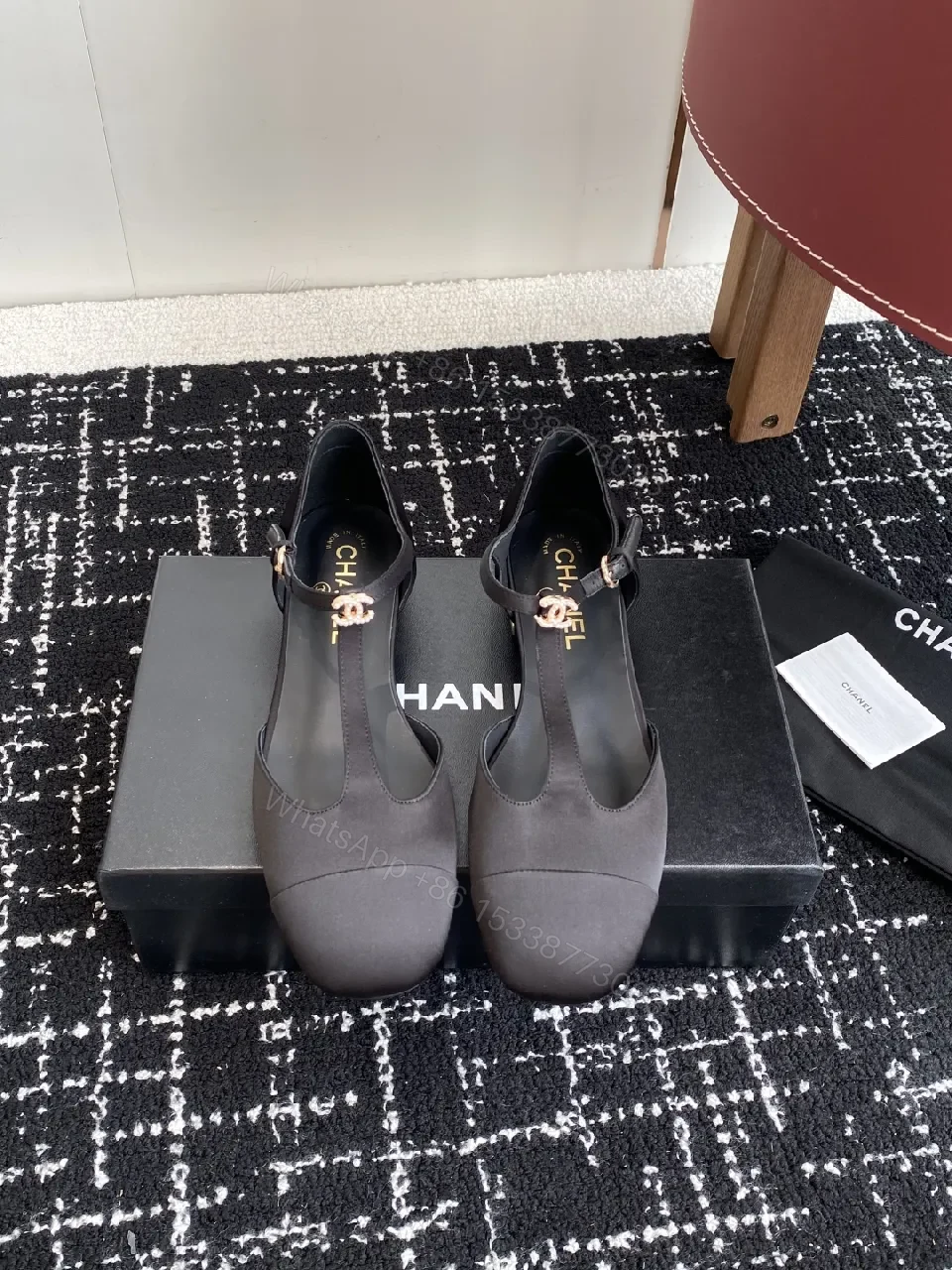 View 5 of Black Satin Mary-Jane Heels with Gold Signature Hardware