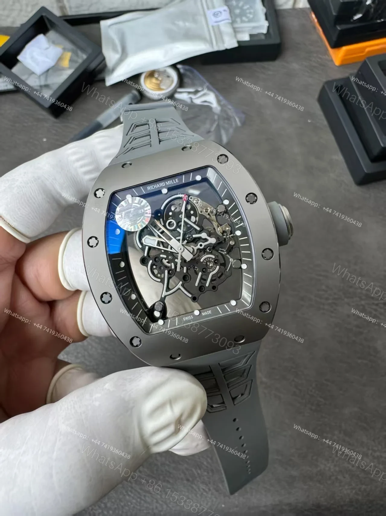 View 4 of Super Clone Richard Mille RM 055 Gray Ceramic Titanium Grey Rubber Strap 1:1 Replica Watch
