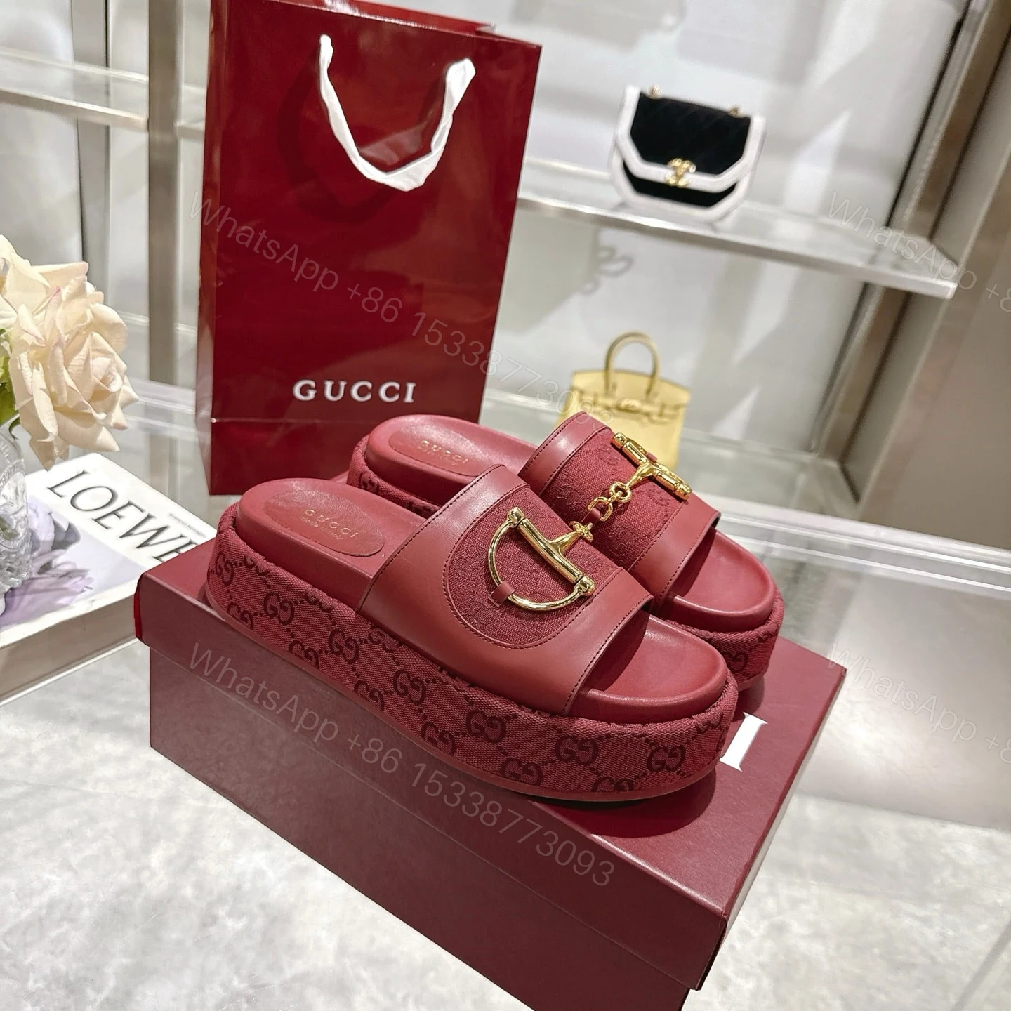 View 2 of GUCCI WOMEN’S PLATFORM SLIDES WITH HORSEBIT BURGUNDY