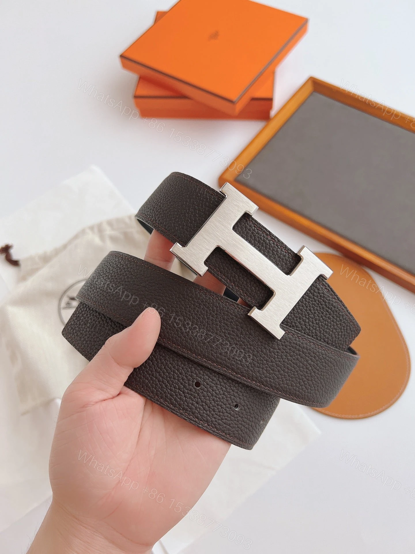 View 2 of HERMES BELT TOGO SWIFT SILVER BUCKLE BROWN 38MM