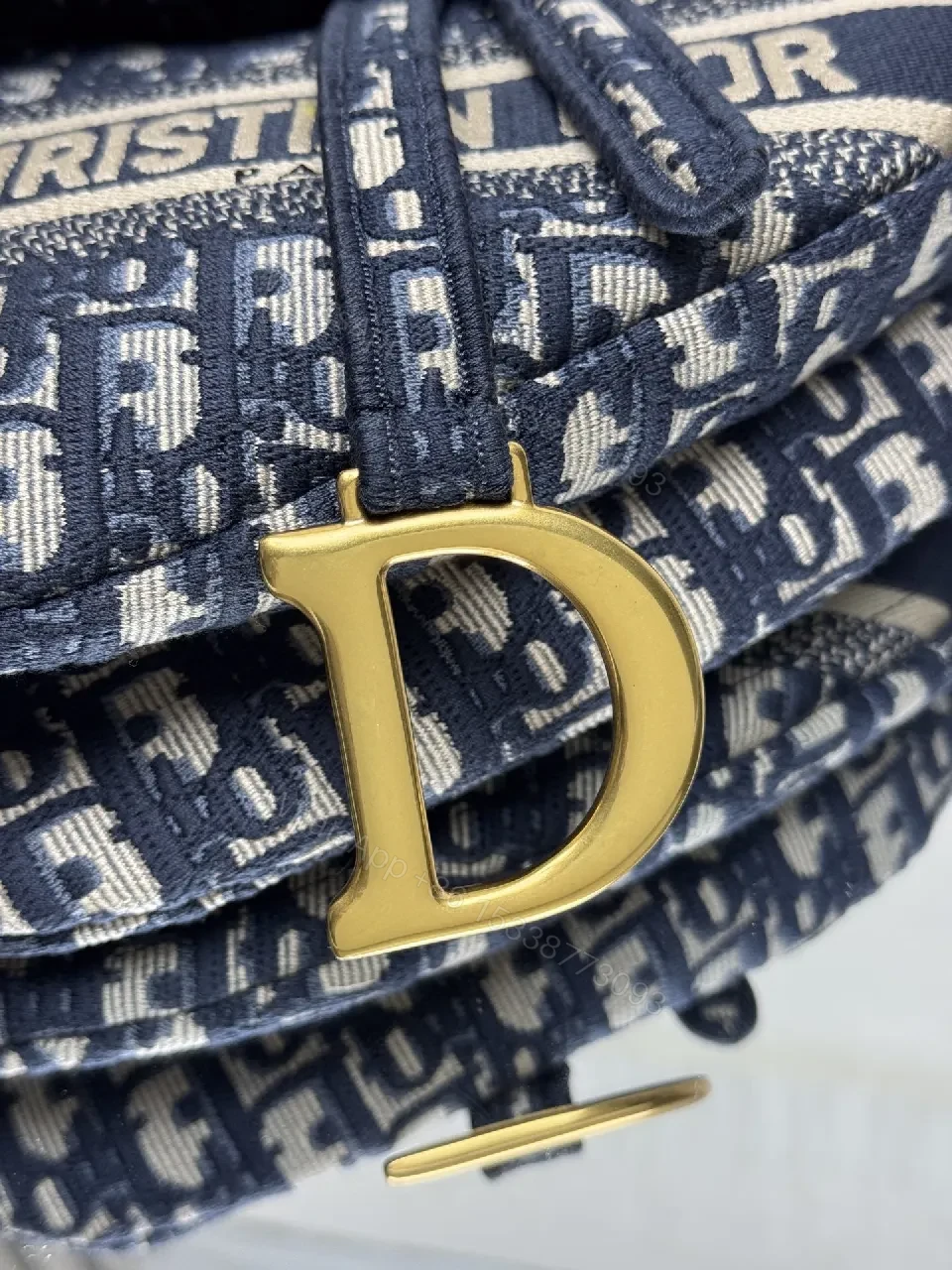 View 9 of Patterned Monogram Crossbody Bag - Navy, Luxe Fabric, Structured, Versatile Carryall