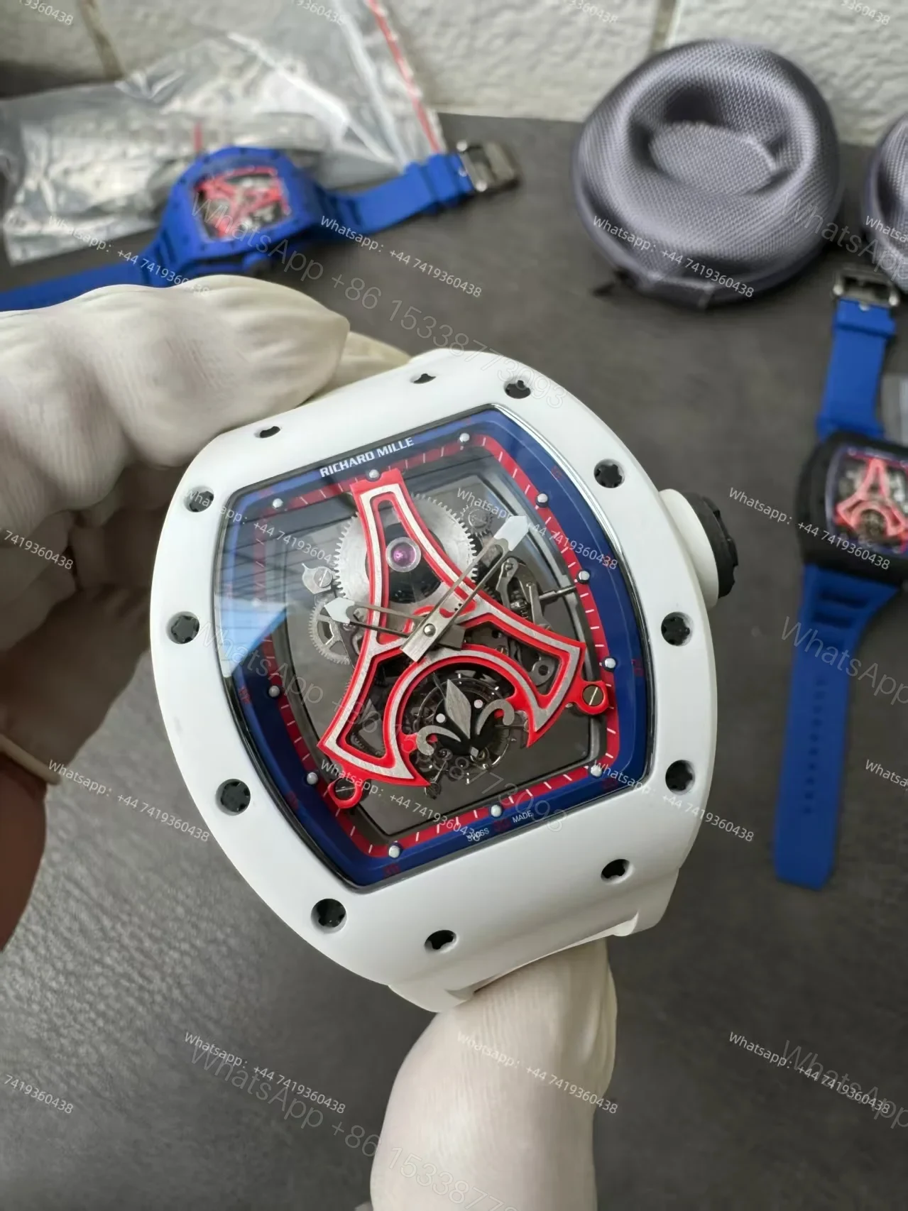 View 6 of Super Clone Richard Mille RM52-03 White Ceramic Paris Saint-Germain Skeleton Tourbillon 1:1 Replica Watch