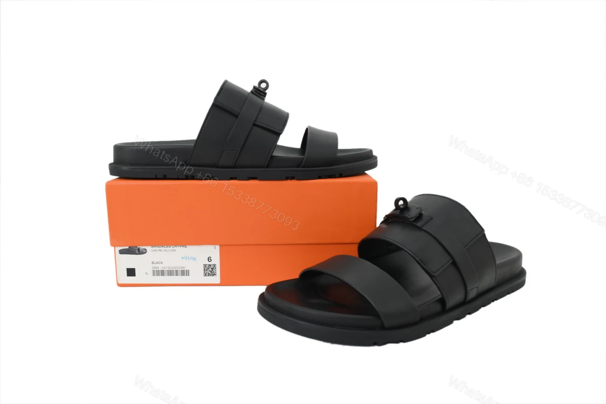 View 7 of HERMES Solid Black Button Slides