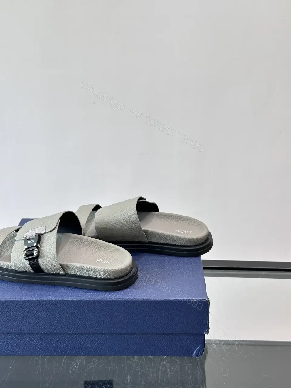 View 7 of Gray Leather Slides Buckle Feature Dior Sandals