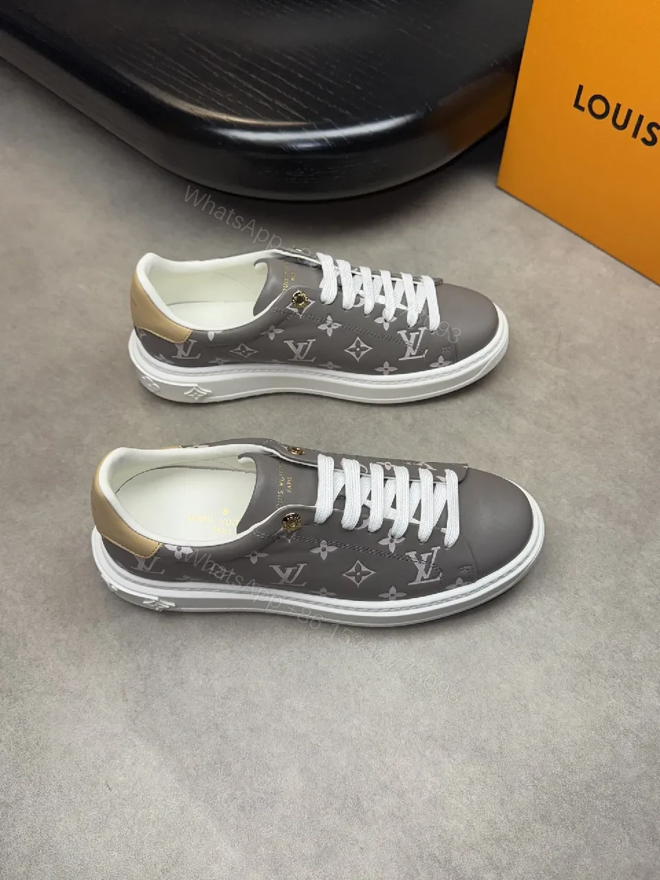 Grey Monogram Leather Sneakers with Metallic Accents — view 1