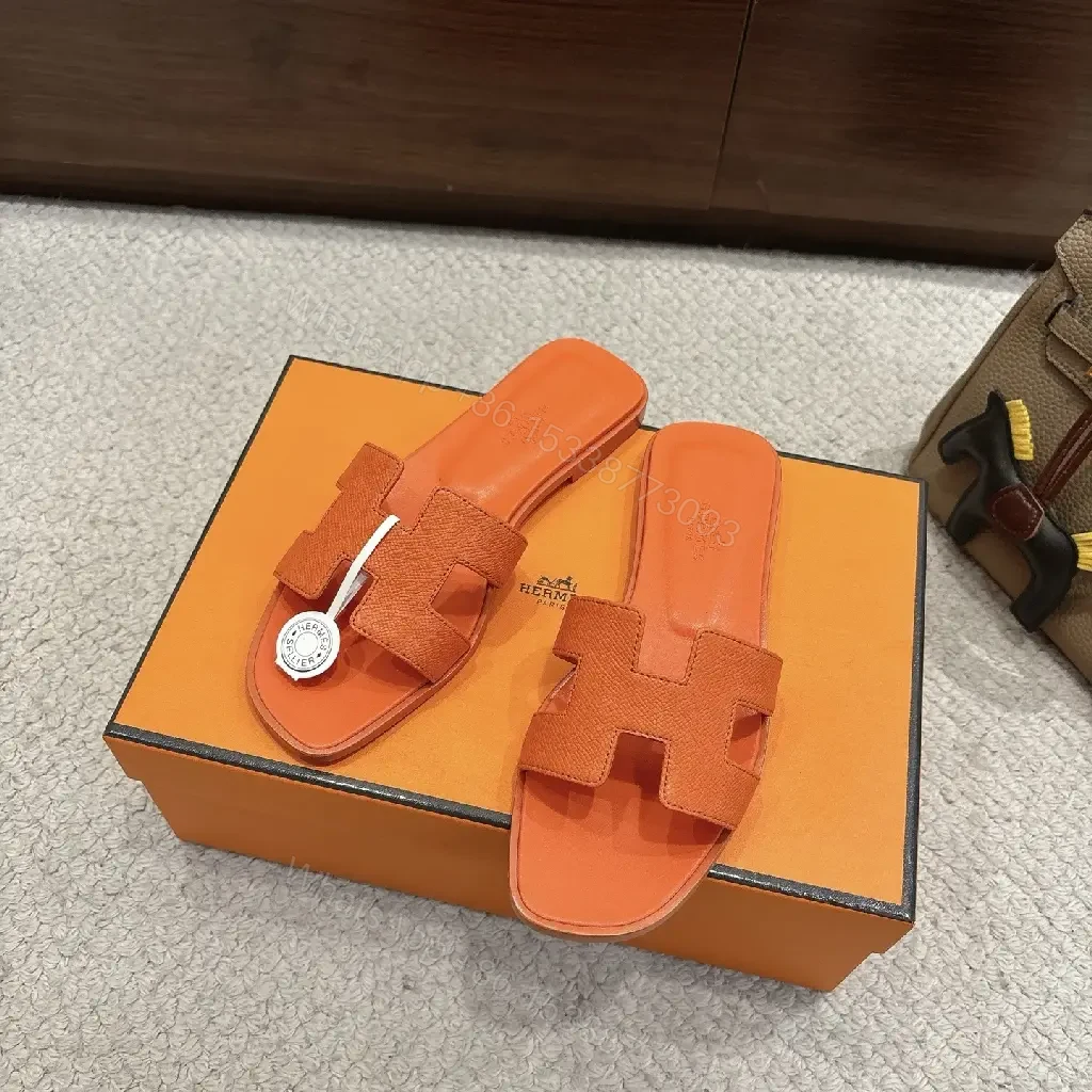 View 4 of Orange Leather Minimalist Slide Sandals - All-Day Comfort