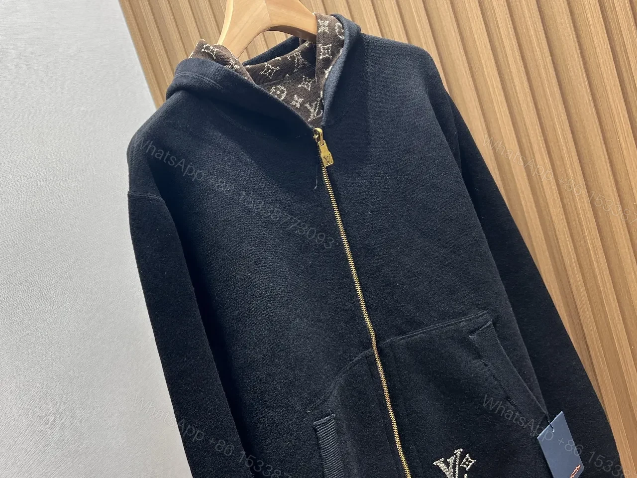 View 3 of Black Knit Zip Hoodie with Subtle LV Patch
