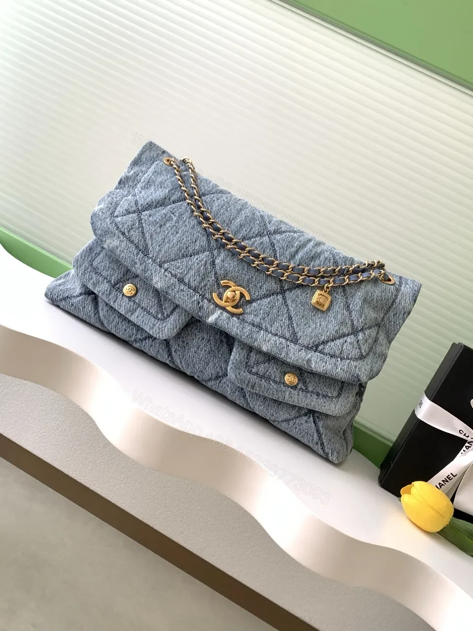 Denim-Texture Flap Bag: Luxe Chain-Handled Chic — view 1